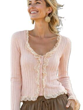 Lace trimmed cardigan, feminine and romantic, soft blush, perfect for Spring